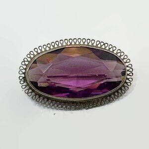 Art Deco, Sterling Silver, Brooch, Edwardian, 20s, 30s, Purple, Faux Amethyst